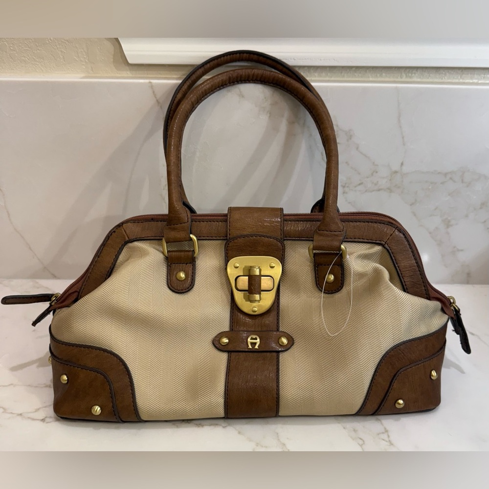 Etienne Aigner Handbag Brown Leather Trim Purse With Long Strap